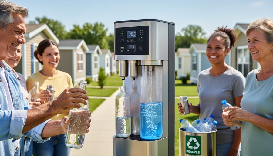 Reusable water bottles and glasses filled with filtered water on kitchen counter