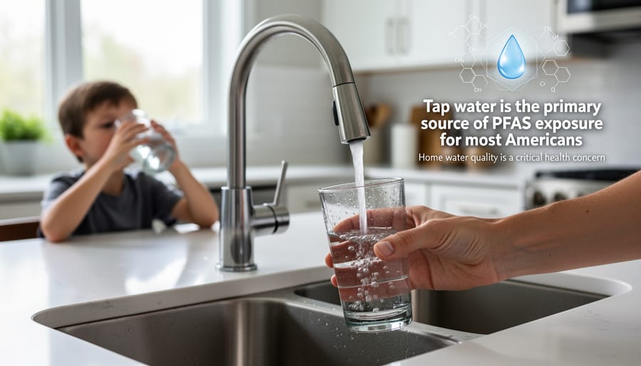 Glass of tap water being filled from kitchen faucet