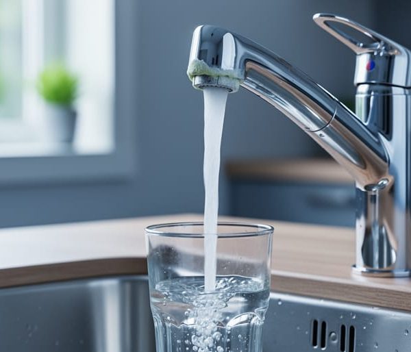 Chrome kitchen faucet with visible limescale around the aerator pouring water into a clear glass in a stainless steel sink, softly lit by window light with a blurred modern kitchen and greenery in the background.