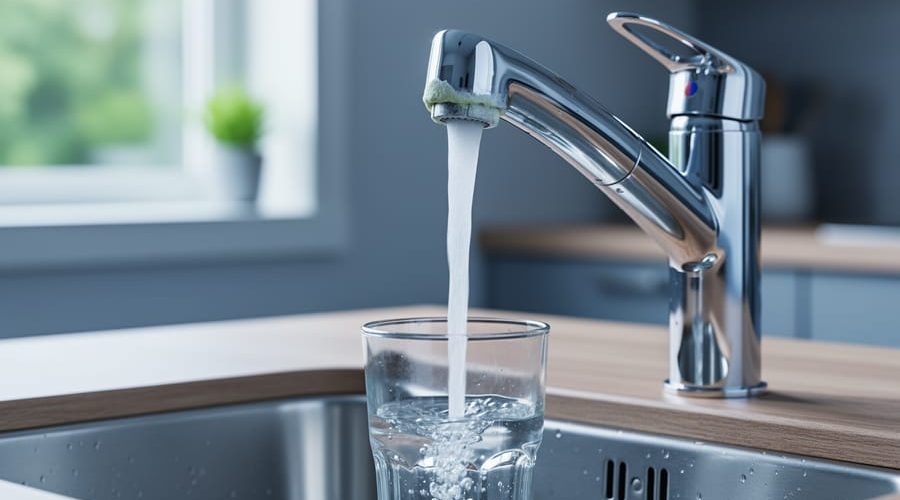 Chrome kitchen faucet with visible limescale around the aerator pouring water into a clear glass in a stainless steel sink, softly lit by window light with a blurred modern kitchen and greenery in the background.