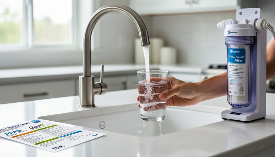 Clear tap water being poured from kitchen faucet into drinking glass