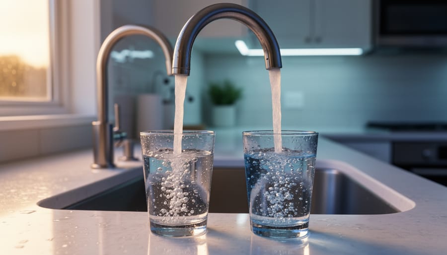Hand holding glass of tap water up to natural light in kitchen