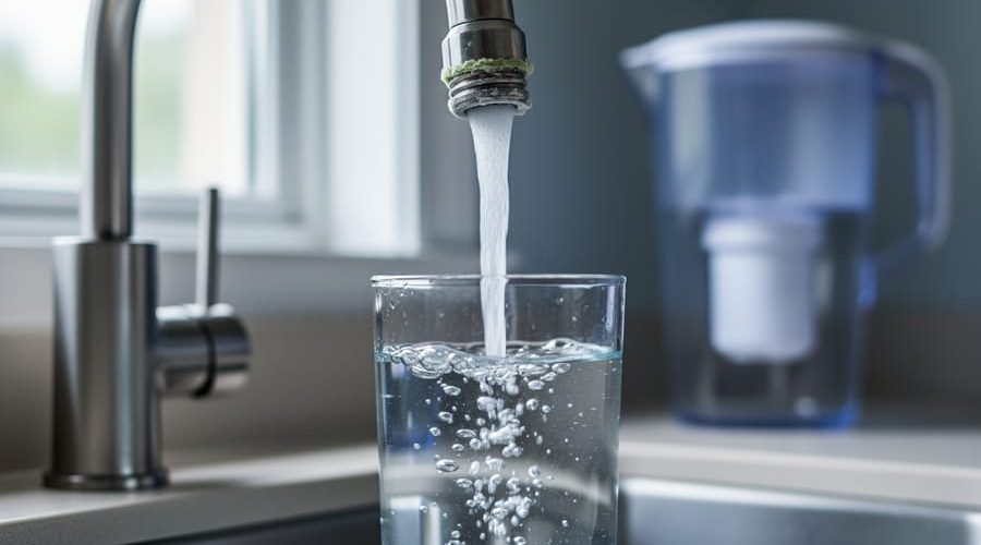Close-up of a clear glass being filled from a stainless-steel faucet, water ripples and microbubbles in focus; blurred background shows slight limescale on the aerator, a small copper pipe segment, and a water filter pitcher.