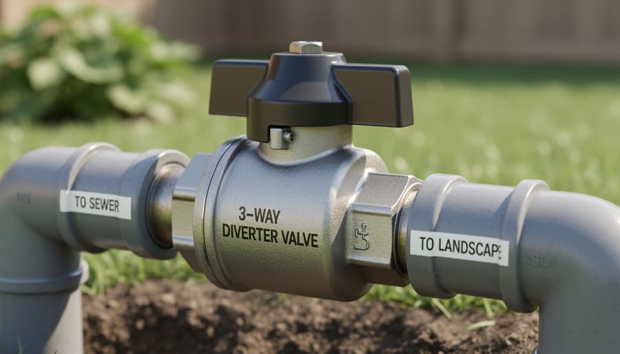 Three-way brass diverter valve with black handle installed on wall next to washing machine drain