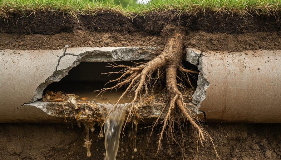 Tree roots penetrating through cracks in underground sewer pipe
