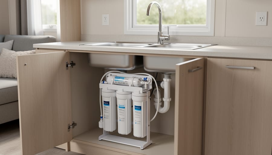 Reverse osmosis water filtration system installed under kitchen sink in mobile home