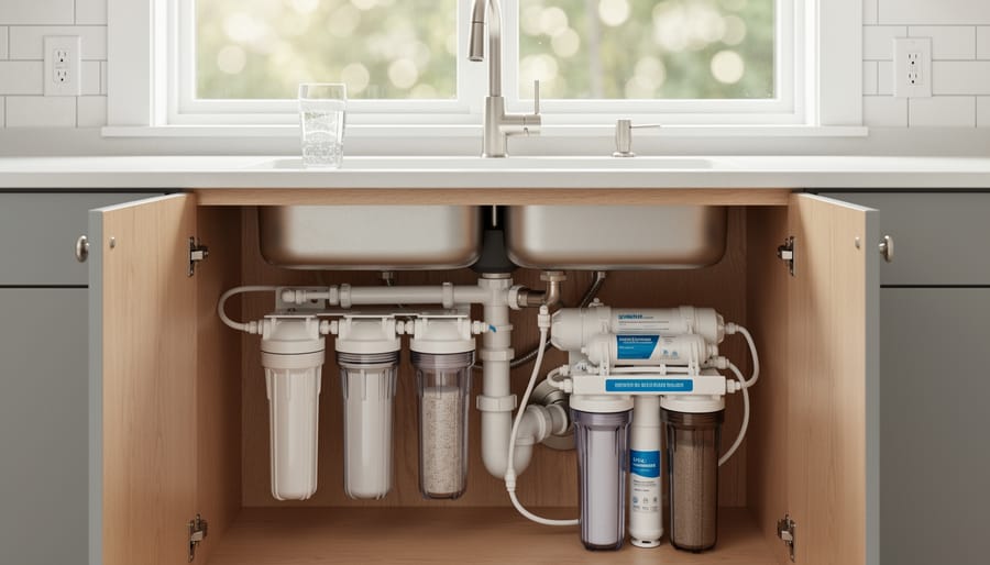 Under-sink water filtration system installation showing multi-stage filters and plumbing