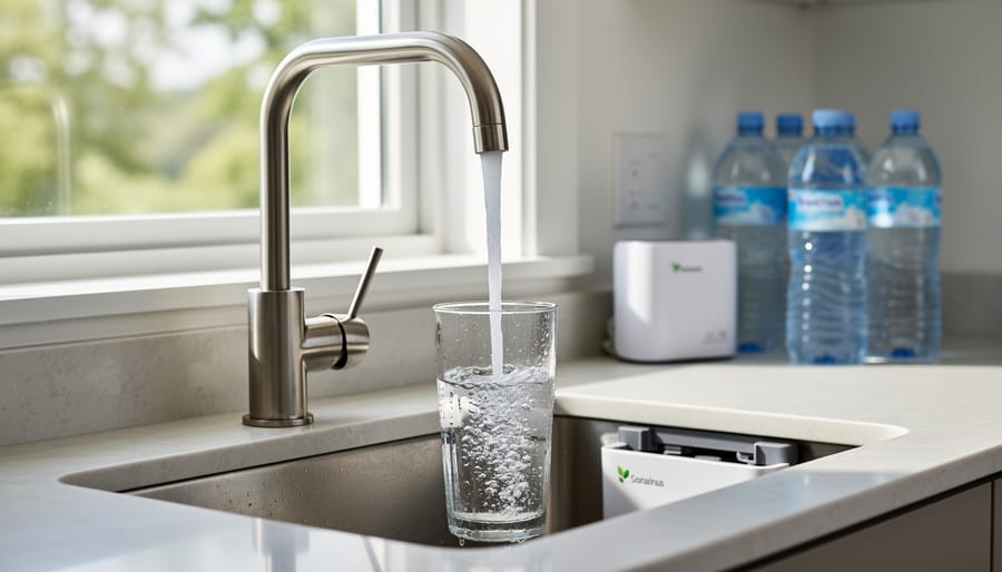 Under-sink water filtration system installed in kitchen cabinet showing filter components
