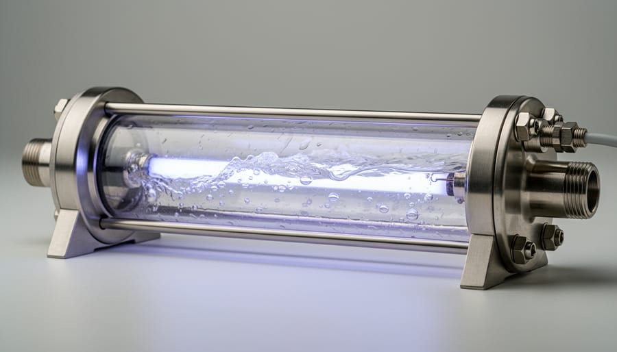 Close-up of UV-C germicidal lamp glowing inside quartz sleeve with water flow