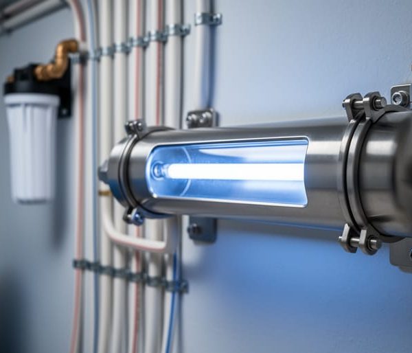 Close-up of a stainless UV-C water disinfection chamber with a glowing lamp inside a clear quartz sleeve, set in a basement utility area with blurred PEX pipes and a sediment pre-filter in the background.