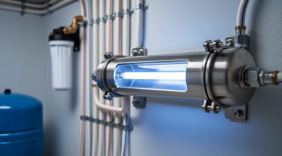 Close-up of a stainless UV-C water disinfection chamber with a glowing lamp inside a clear quartz sleeve, set in a basement utility area with blurred PEX pipes and a sediment pre-filter in the background.