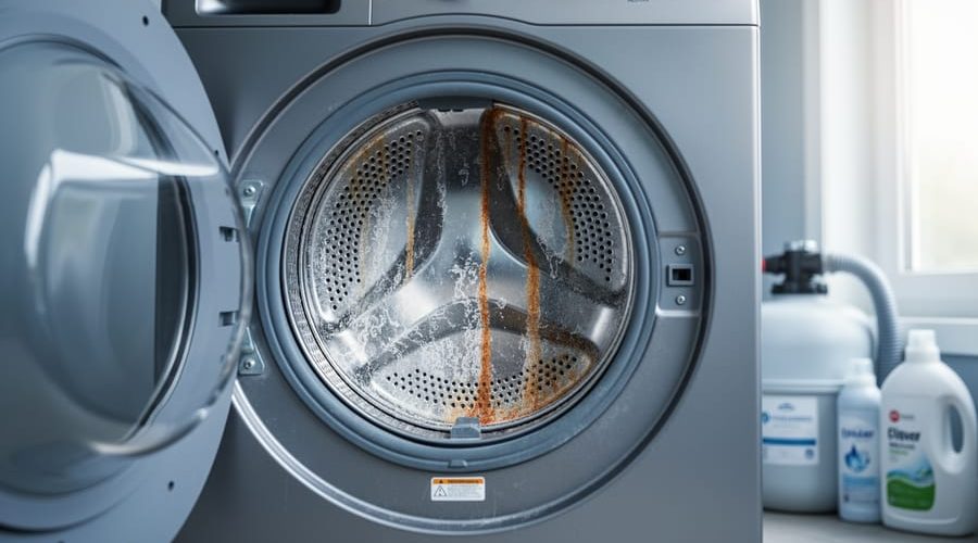 Eye-level close-up of an open front-load washing machine drum with visible white limescale and faint orange rust streaks, with a blurred water softener tank, inlet hoses, and detergent bottles in the background under soft daylight.