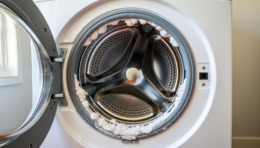 Interior of washing machine drum showing white mineral scale buildup