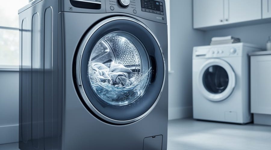 Modern front-loading washing machine mid-wash with water visible through the round door, in a bright laundry room; an older top-loading washer is softly blurred in the background.
