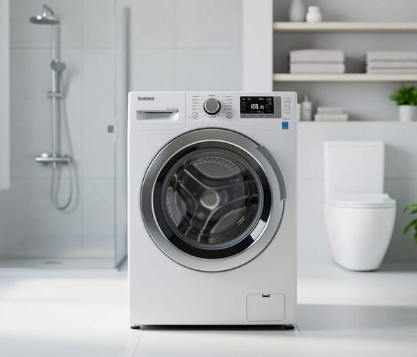 High-efficiency front-load washer in a bright modern bathroom-laundry room, with low-flow showerhead and sleek toilet softly blurred in the background, natural daylight, folded towels, and a green plant suggesting water-saving home upgrades.