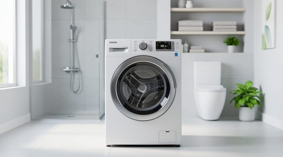 High-efficiency front-load washer in a bright modern bathroom-laundry room, with low-flow showerhead and sleek toilet softly blurred in the background, natural daylight, folded towels, and a green plant suggesting water-saving home upgrades.
