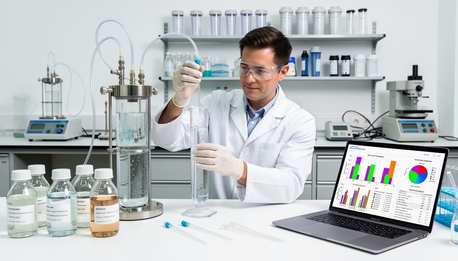 Scientist holding water sample in laboratory beaker for testing