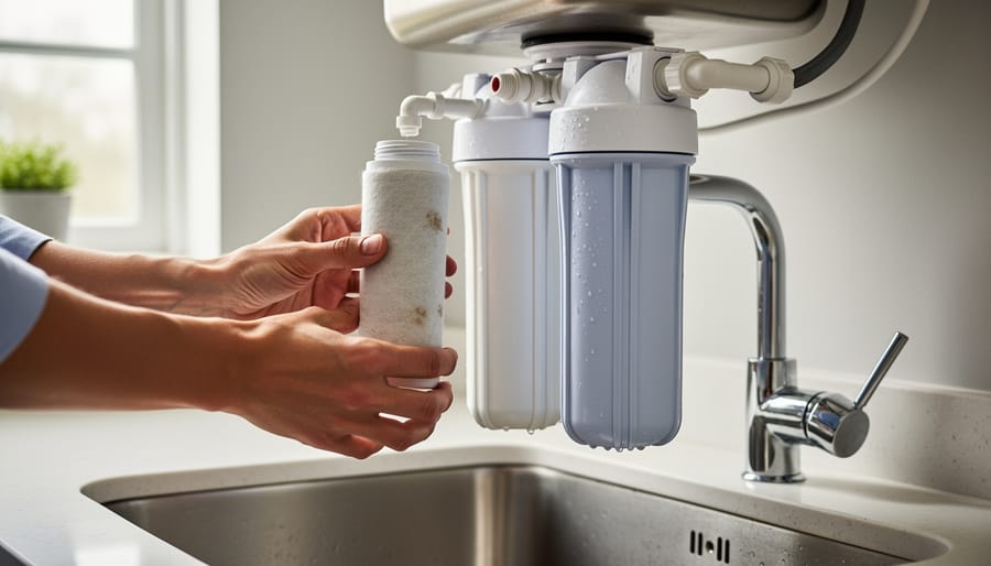 Homeowner replacing water filter cartridge in filtration system