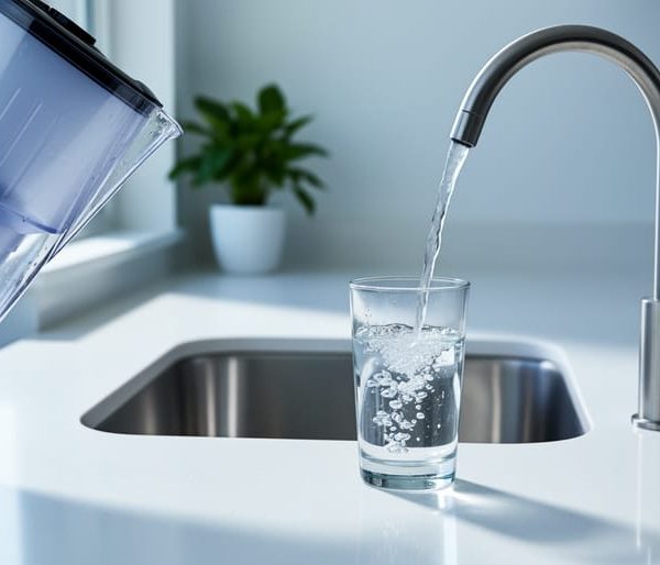 Transparent water filter pitcher pouring into a glass next to a dedicated reverse osmosis faucet on a modern kitchen countertop, with soft daylight and a blurred sink and houseplant in the background.