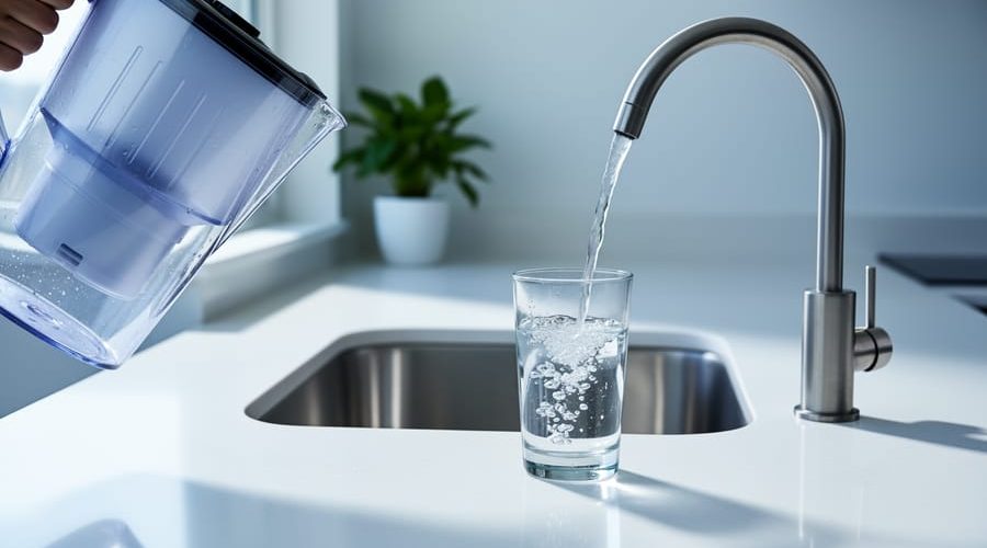 Transparent water filter pitcher pouring into a glass next to a dedicated reverse osmosis faucet on a modern kitchen countertop, with soft daylight and a blurred sink and houseplant in the background.