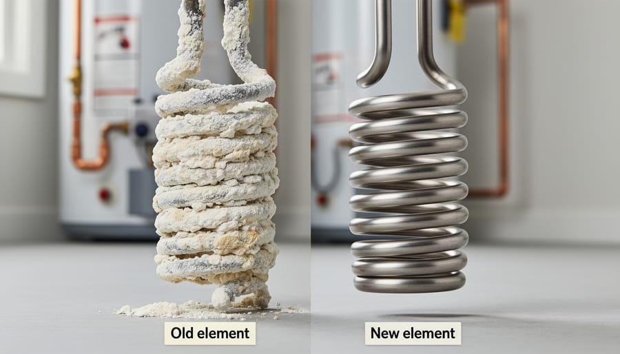 Water heater heating element covered in thick white limescale buildup from hard water