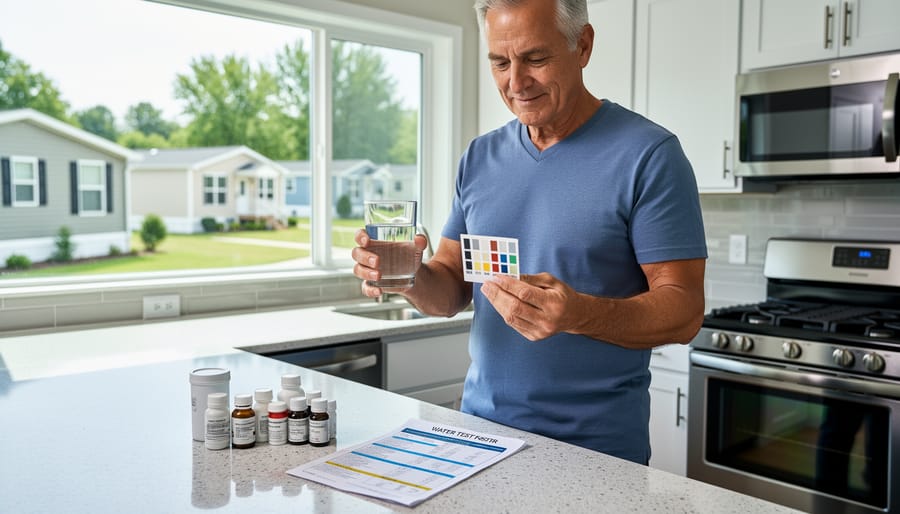 Hand holding water quality test strip with glass of water on counter