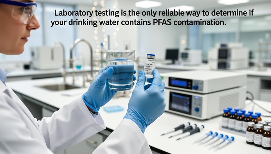 Laboratory technician holding water sample vial for PFAS testing