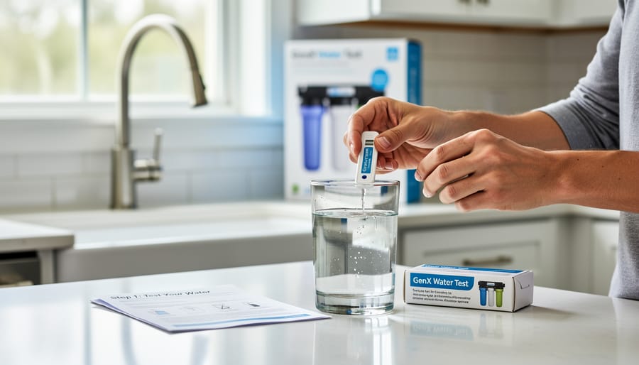 Person examining clear water sample in test vial against natural light