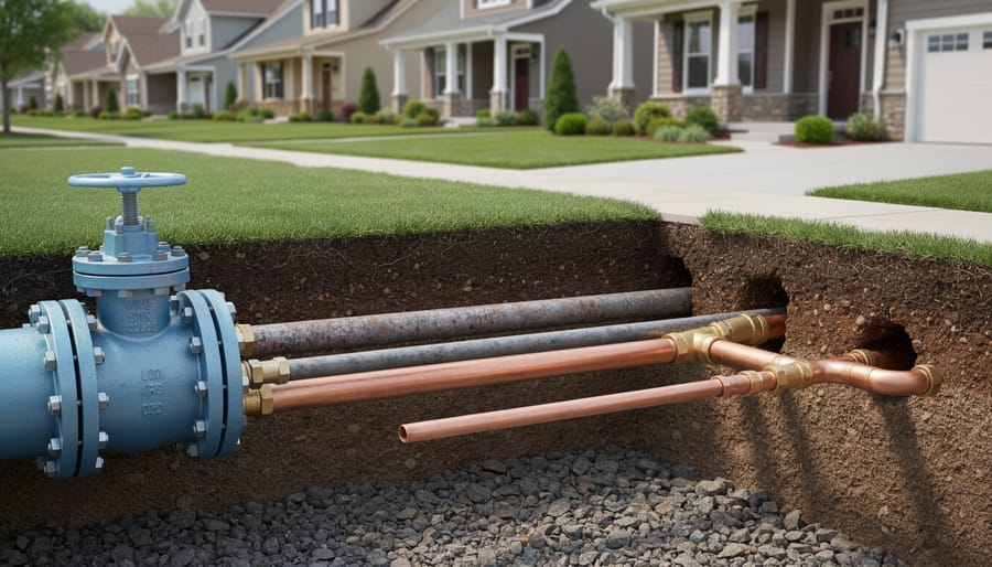 Exposed water service line pipes showing lead and copper sections entering home foundation