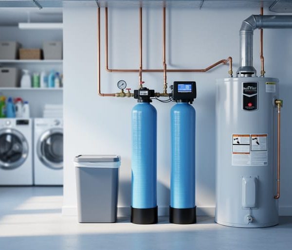 Dual-tank salt-based water softener with brine tank installed beside a gas water heater in a clean residential basement utility room, with neat copper and PEX plumbing; laundry machines and shelves softly blurred in the background.