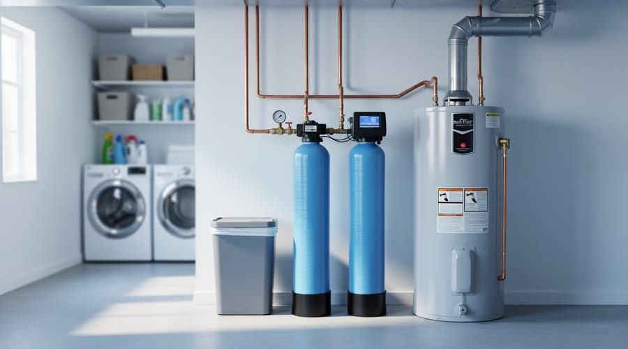 Dual-tank salt-based water softener with brine tank installed beside a gas water heater in a clean residential basement utility room, with neat copper and PEX plumbing; laundry machines and shelves softly blurred in the background.