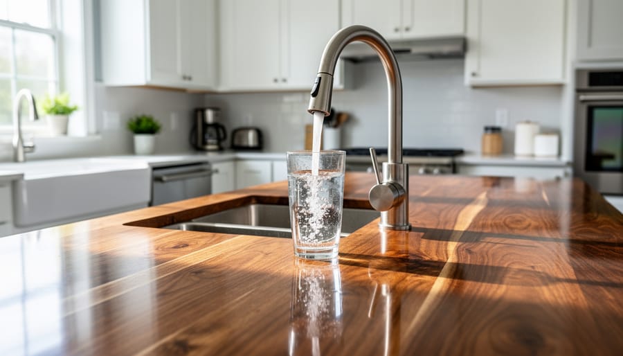 Modern water softener system installed with copper pipes on basement wall