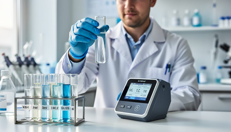 Laboratory specialist examining water sample for nitrate contamination testing