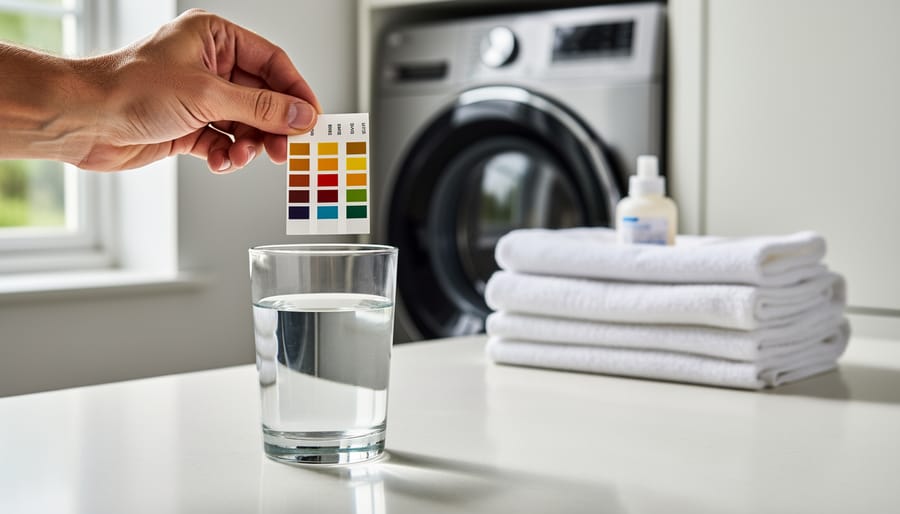 Person using water test strip near washing machine water supply connection