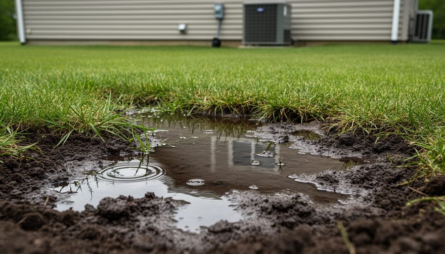 Saturated muddy soil showing signs of leach field failure in residential yard