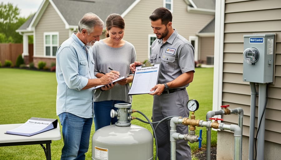 Homeowner inspecting private well pressure gauge and recording maintenance notes
