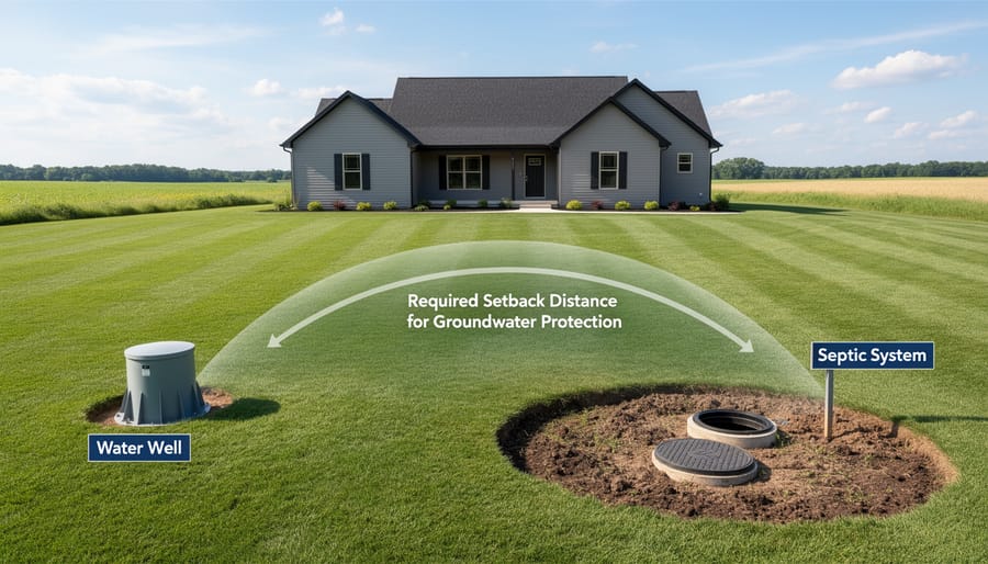 Rural property showing proper separation distance between private well and septic system