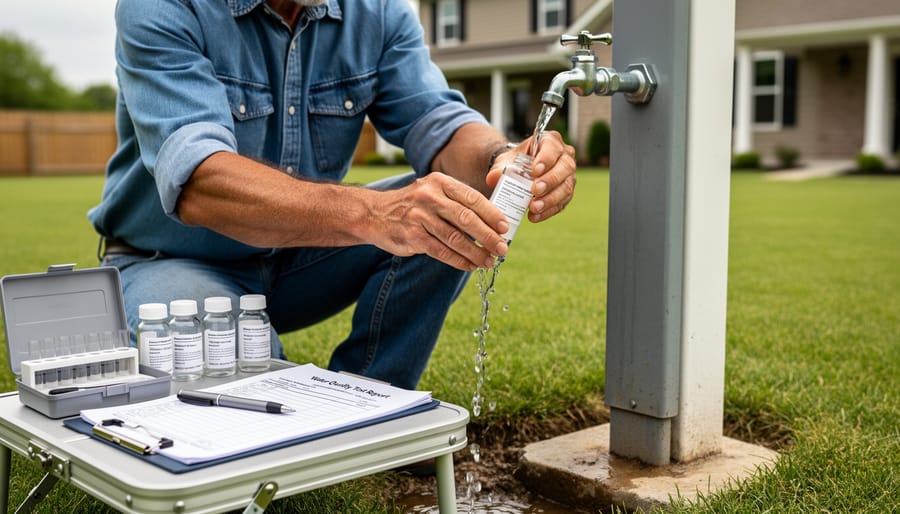 Laboratory water quality testing sample in gloved hand with testing equipment