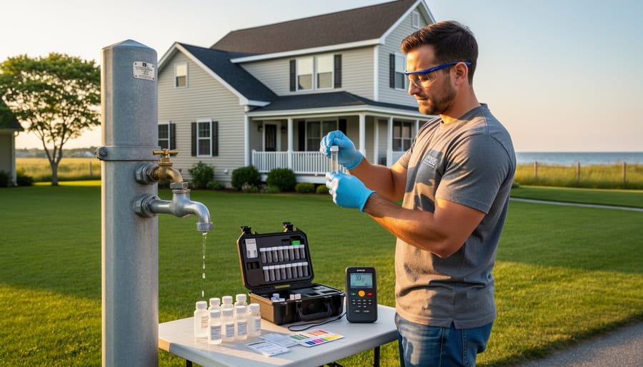 Homeowner examining glass of well water in natural kitchen lighting