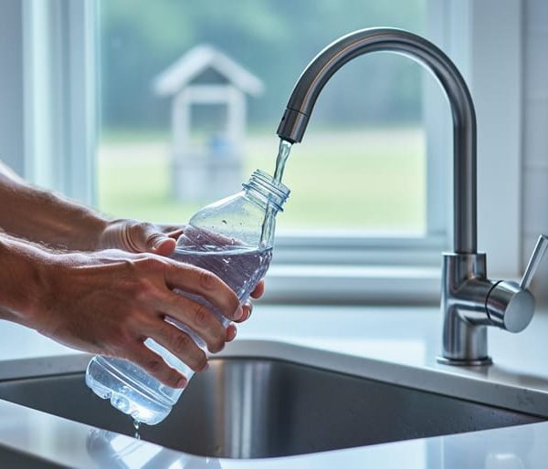 Close-up of hands filling a clear sample bottle from a kitchen faucet, water stream in sharp focus, stainless-steel sink, soft daylight, with a blurred view of a rural yard and small wellhead outside the window.