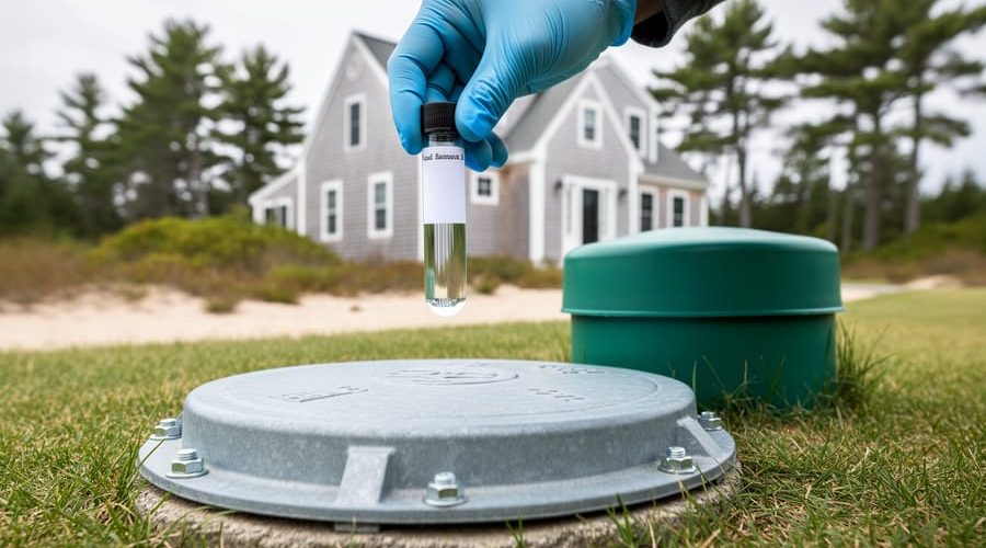 Close-up of a modern well cap and green septic riser in a coastal Maine yard, with a gloved hand holding a water sample vial; clapboard house and pine trees softly blurred in the background under bright overcast light.