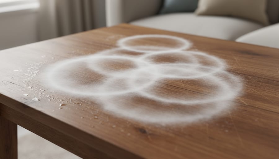 Close-up of white water ring mark on dark wood table surface