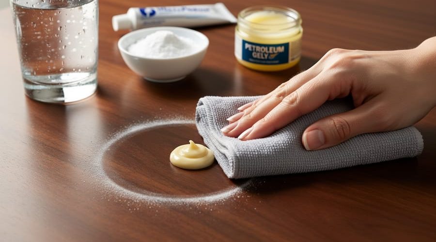 Close-up of a cloudy white water ring on a dark walnut table while a hand rubs in mayonnaise with a soft cloth; blurred behind are a condensation-covered water glass, a small bowl of baking soda, an unlabeled toothpaste tube, and an open petroleum jelly jar.