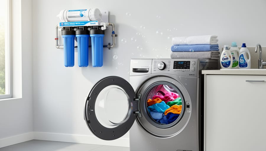 Whole house water filtration system installed in home basement