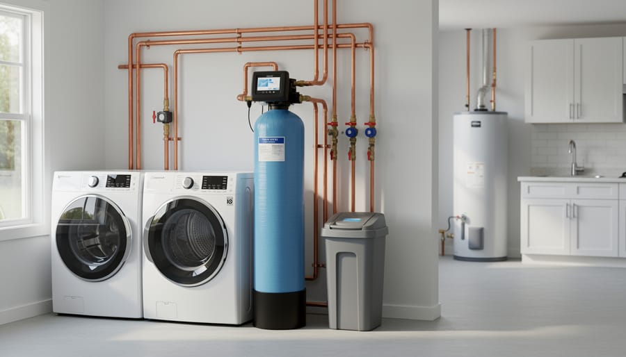 Modern water softener system installed in residential basement utility room