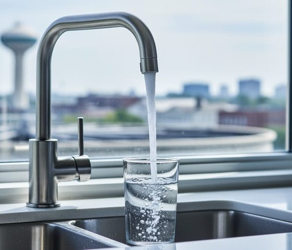 Modern kitchen faucet filling a clear glass with water, sharp focus on the stream and glass, with a blurred city water tower and treatment plant seen through the window to convey municipal water infrastructure.