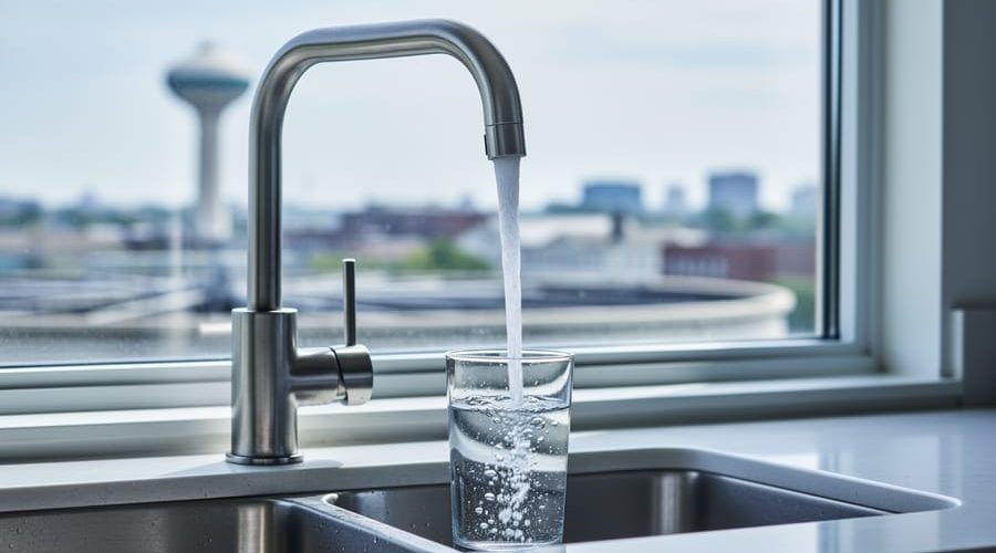 Modern kitchen faucet filling a clear glass with water, sharp focus on the stream and glass, with a blurred city water tower and treatment plant seen through the window to convey municipal water infrastructure.