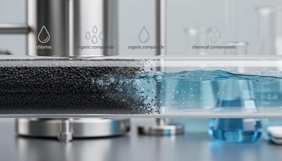 Close-up cross-section of activated carbon water filter showing granular carbon material