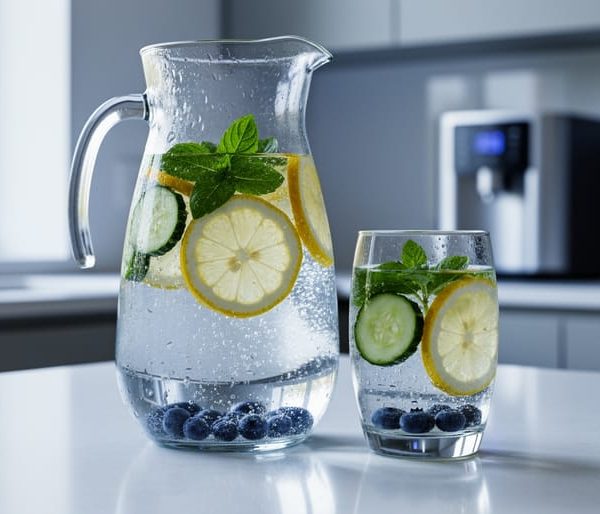 Glass pitcher and tumbler of alkaline infused water with lemon slices, cucumber rounds, mint and basil, and a few blueberries on a sunlit kitchen counter, condensation visible, with a blurred modern kitchen and unbranded countertop water ionizer in the background.