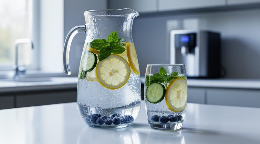 Glass pitcher and tumbler of alkaline infused water with lemon slices, cucumber rounds, mint and basil, and a few blueberries on a sunlit kitchen counter, condensation visible, with a blurred modern kitchen and unbranded countertop water ionizer in the background.